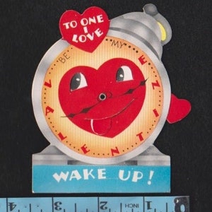 Vintage Mechanical Card Anthropomorphic Alarm CLOCK Sticks Out TONGUE Moves Eyes To One I Love WAKE Up Be My Valentine Original DieCut Retro