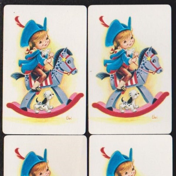 Little PATRIOT Rides ROCKING HORSE Vintage Single Playing Cards Lot/4 Mixed Media,Paper Craft,Junk Journal Ephemera Swap Yankee Doodle Dandy