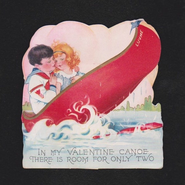 Vintage Original Card In My Valentine CANOE There Is Only Room For TWO Young SAILOR Boy Has Arm Around Pretty Girl UNused Carrington Antique