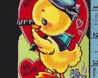 Vintage Valentine Card Anthropomorphic Duck DUCKLING SAILOR Looks Thru Telescope AHOY Be Mine Original UNused Die Cut Retro Kitschy Ephemera