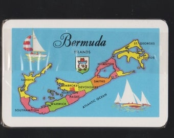 Vintage BERMUDA ISLANDS MAP w Landmarks Playing Cards Deck Factory Sealed,Souvenir,Game Play,Swap,Craft Ephemera,Government Stamp,Fournier