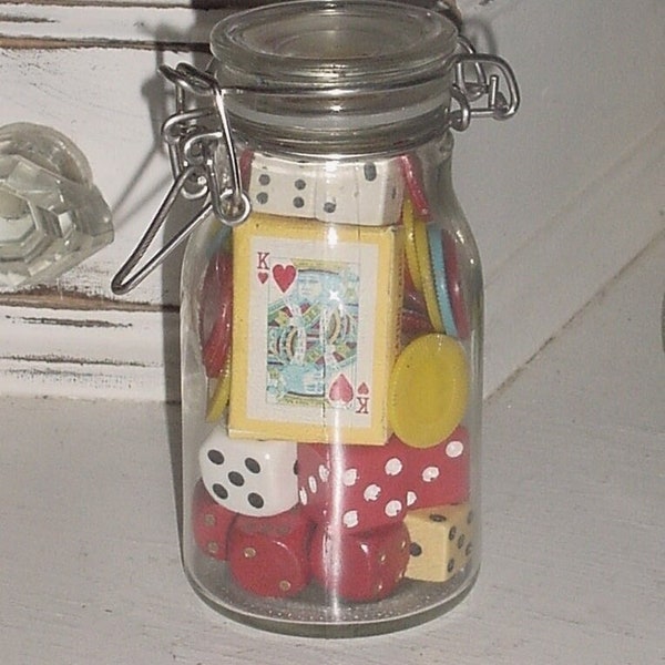 Vintage MINI CANNING JAR Holds Collection Of Miniature Playings Cards Deck & Colored Poker Chips,Mixed Sizes Red,White Dice For Games,Crafts