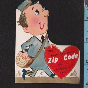 Vintage Original Card We Have The Same ZIP CODE On Valentine's Day MAilMan Postal Carrier DELIVERING Mail DieCut Retro Graphics Ephemera