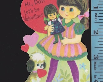 Vintage Original Card HI DOLL Let's Be Valentines Cute Little GIRL Holds Dolly,Puppy Dog Holds Valentine Heart In Its Mouth UNused Die Cut