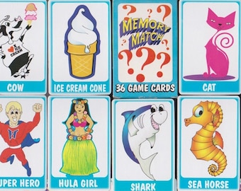 Vintage MEMORY MATCH Card Game COMPLETE Pink Cat,Hula Girl,Shark,Cowboy,Ice Cream Cone,Cow,Football Player,SeaHorse,Flying PIg,Car,Guitar
