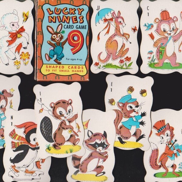 Vintage LUCKY NINES Card Game Cute ANTHROPOMORPHIC Animals Ice Skating Penguin,Beaver,Raccoon,Lamb,Kitty Cat,Kangaroo,Fox,Squirrel,Rabbit