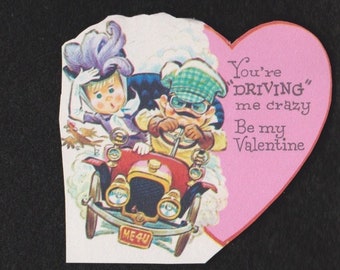 Vintage Valentine Card Woman Passenger Holds Onto Hat As Man Drives Antique CAR You're DRIVING Me CRAZY UNused Original Pete Hawley Ephemera