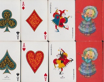 Vintage Playing Cards Deck COMPLETE Backs By MARY HAMILTON Girl Plays Flute w Bird Perched On It Fancy Aces,Nice Jokers Hallmark Swap,Crafts