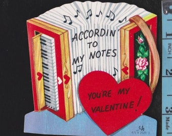 Vintage Figural Card ACCORDIN To My NOTES You're My Valentine Musical Instrument ACCORDION Original DieCut Retro Grpahics Music Ephemera