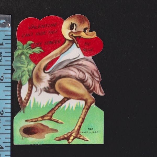 Vintage Valentine Card OSTRICH Exotic Bird Can't HIDE THIS Any Longer Be Mine UNused Original DieCut Retro Graphics Paper Crafts Ephemera