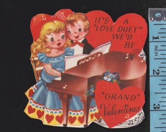 Vintage Original Card It's A Love DUET We'd Be GRAND Valentines Couple Sits At PIANO,Playing Music & Singing UNused Retro Graphics Ephemera