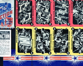 Vintage ACTION The VICTORY Game WWII Military Combat Theme Complete 64 Cards Includes Crews Bombing,Tank,Landing,Engineering Patriotic Rare