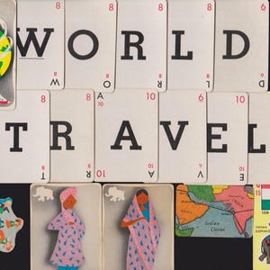 May include: A collection of vintage playing cards arranged to spell WORLD TRAVEL, featuring illustrations of global landmarks, maps, and cultural figures. The cards display various numbers, letters, and colorful graphics including an elephant and flags.
