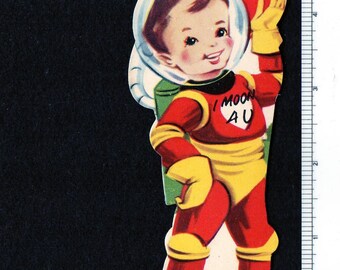 Vintage Valentine Card BOY ASTRONAUT In Space Suit I MOON 4 U Original UNused DieCut Retro Graphics N.A.S.A. Age Futuristic Travel Ephemera