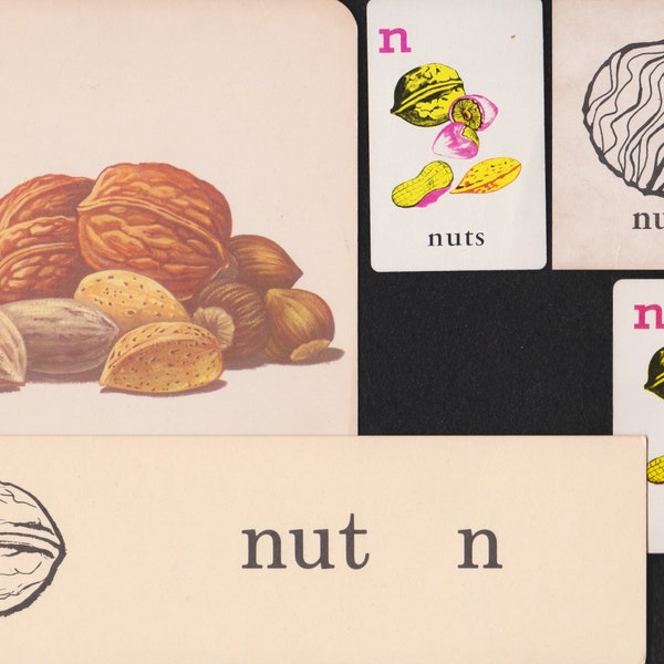 Vintage NUTS Ephemera Lot/5 Game Cards,FRAMEABLE Oversized FLASHCARD Walnuts,Almonds,Peanuts,Hazel,Pecans,Mixed Paper Crafts,Mixed Media Art