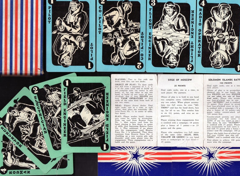 Vintage ACTION The VICTORY Game WWII Military Combat Theme Complete 64 Cards Includes Crews Bombing,Tank,Landing,Engineering Patriotic Rare