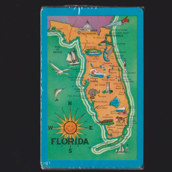 Vintage FLORIDA STATE MAP w Landmarks Playing Cards Deck Factory Sealed,Souvenir,Game Play,Swap,Craft Ephemera,Joker On The Moon Stardust