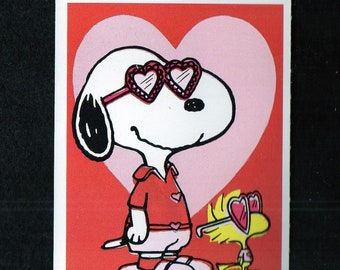 Vintage Peanuts Card Valentine You're Cool SNOOPY & Bird Friend WOODSTOCK Wear Heart Shape SUNGLASSES Shades UNused Original Retro 2 3/4"x4"