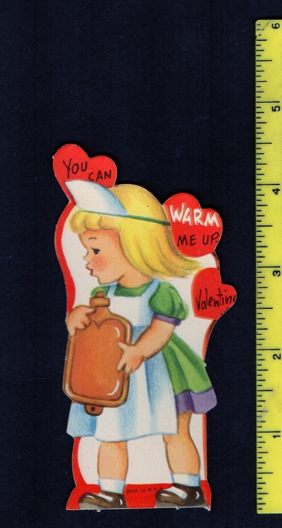Vintage Original Card Little Blonde Haired Girl NURSE Holds A Hot Water Bottle You Can WARM ME Up Valentine UNused DieCut Retro Graphics