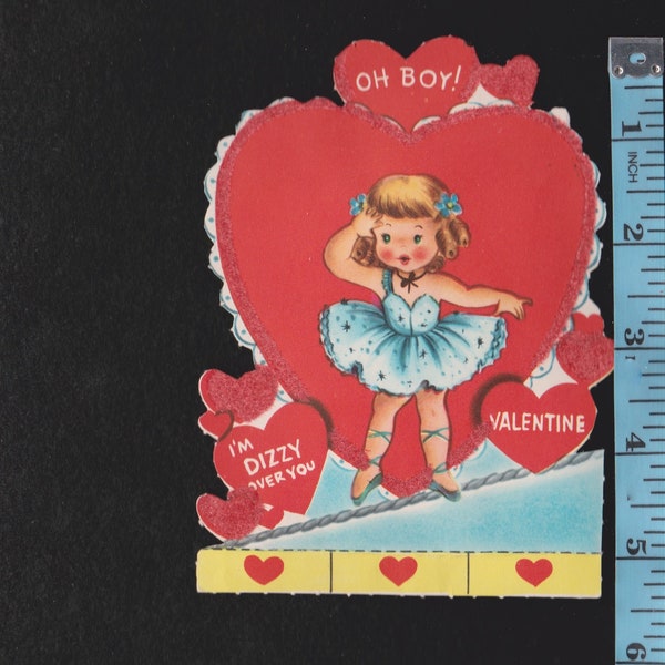 Vintage Valentine Card Girl Circus Performer Walks on TIGHT ROPE Oh Boy I'm DIZZY Over You Original DieCut Retro Graphics Ephemera Flocked