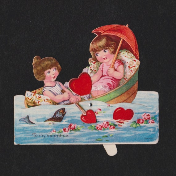 Vintage Valentines Card To My Valentine Die-Cut Heart Boy Giving Letter To  Girl