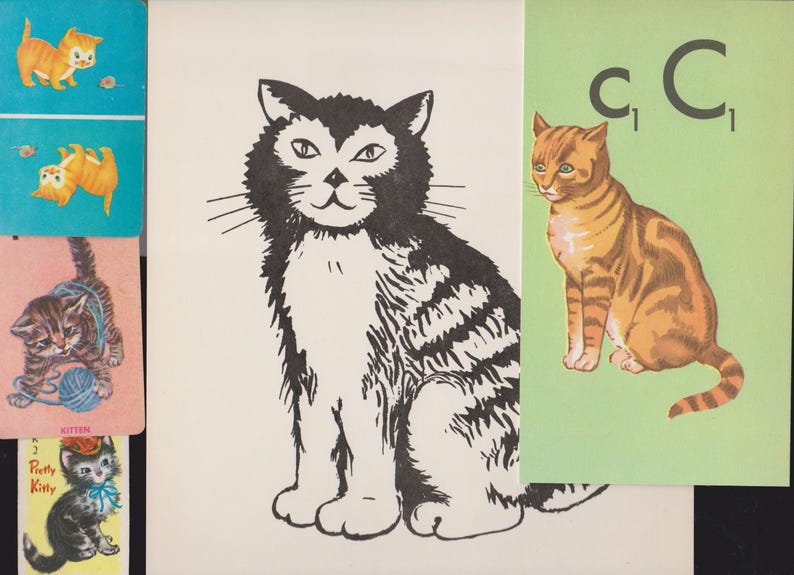 May include: A selection of vintage cat illustrations. Features a black and white cat drawing, a tabby cat on a green background, and small cards with kitten illustrations in different poses and colours.