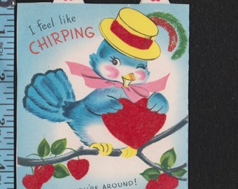 Vintage Valentine Card Anthropomorphic BLUE BIRD On Branch,Holds Flocked Red Heart I Feel Like CHIRPING When You're Around! UNused Original