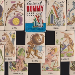 Vintage ANIMAL RUMMY Card Game COMPLETE Anthropomorphic Dog, Monkey, Pig, Frog, Lion, Kangaroo, Bear