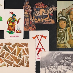 May include: A collection of vintage Native American-themed images. Includes illustrations of a Rainmaker, Medicine Man, and a portrait of two people in traditional attire. Also features a card with crossed tomahawks and a collection of arrowheads.