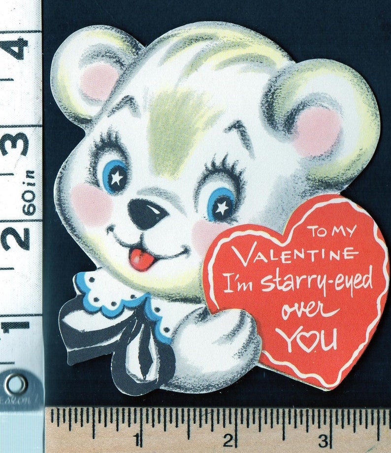 Vintage Valentine Card Cute ANTHROPOMORPHIC Bear I/'m STARRY EYED Over You Unused Original Die Cut Retro Graphics Kitsch Holiday Ephemera