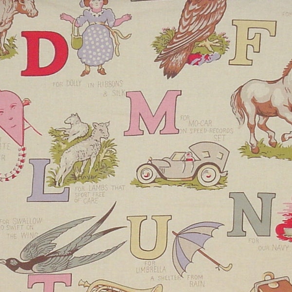 American Folk & Fabric ALPHABET SOUP Antique Style Print The VINTAGE Collection Pattern D G-1201 Letters,Horse,Bird,Lambs,Boat 55" x 1/2 Yrd