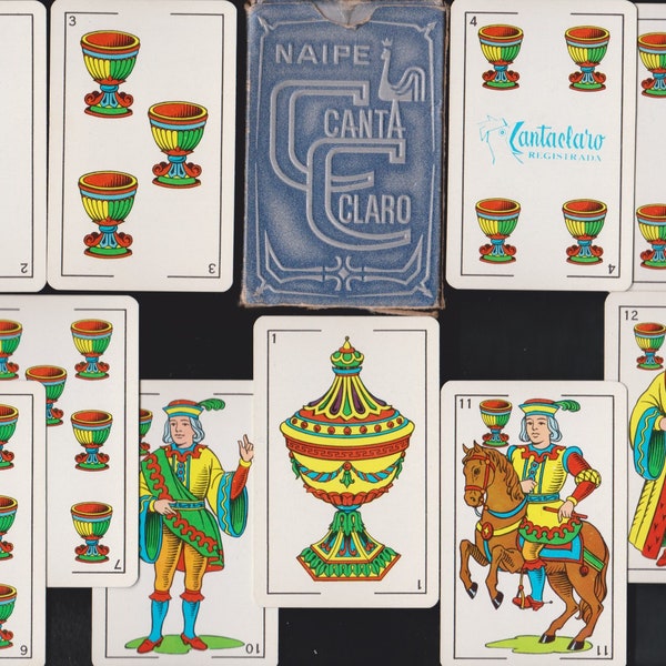 Vintage Naipe CantaClaro Playing Cards Deck COINS/Oros,SWORDS/Espadas,CUPS/Copas,Clubs/Bastos Illustrated w Spanish Catalan Pattern,Colombia