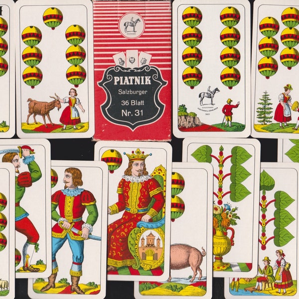 Vintage European Playing Cards Deck SALZBURGER 36 Blatt Nr. 31 Piatnik Nice Illustrations Acorn,Bell,Leaf,Heart Coat Of Arms Austria,German