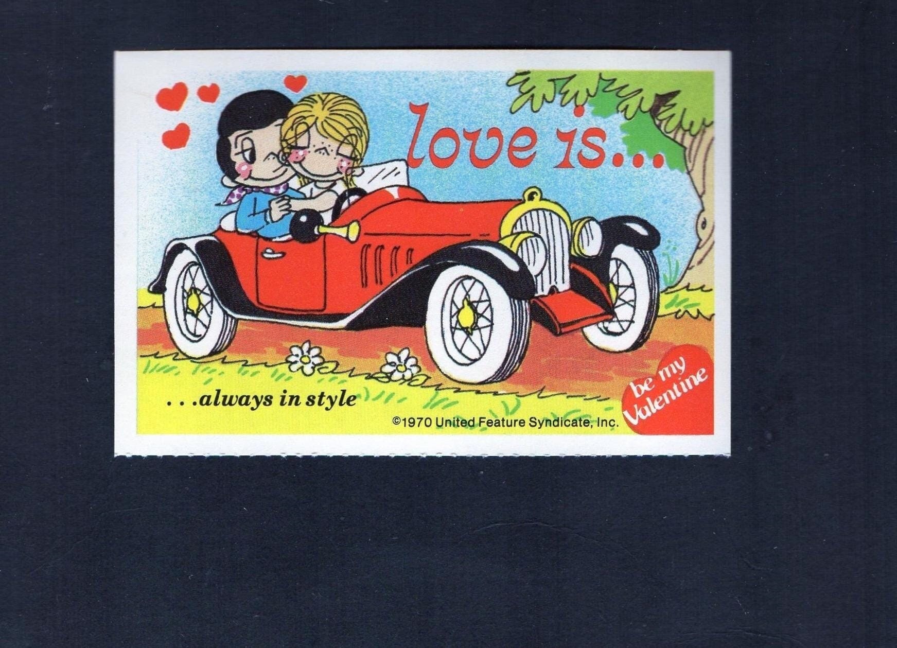 Vintage Valentine Card Cute Couple Cuddles in Classic ANTIQUE Car
