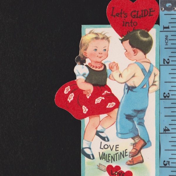 Vintage Original Card SQUARE DANCING Boy & Girl Let's GLIDE Into Love Valentine UNused DieCut Retro Graphics Paper Crafts Ephemera Dance