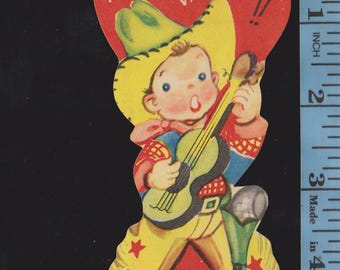 Vintage Original Card YIPPEE Valentine! Be Mine SINGING COWBOY In Chaps Plays Music On Guitar Die Cut Retro Graphics Western Crafts Ephemera