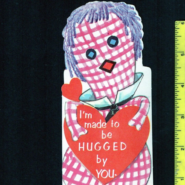 Vintage Valentine Card MISFIT TOY Stuffy Doll I'm Made To Be HUGGED By You UNused Original DieCut Retro Graphics Strange & Unusual Ephemera