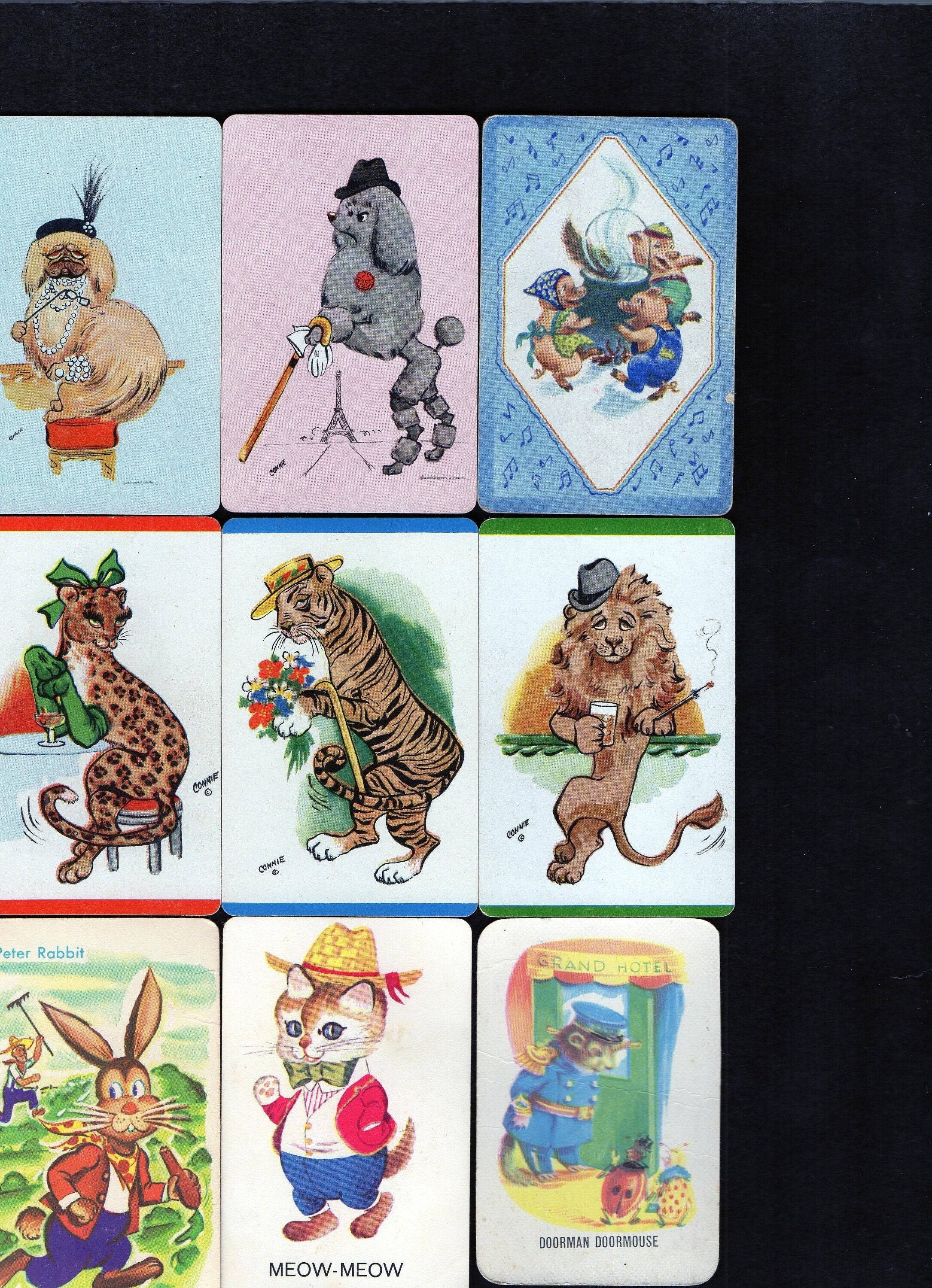 Vintage Game,trading,swap Card Lot/9 Kitschy ANTHROPOMORPHIC ANIMALS  EPHEMERA French Poodle,cat,bug,mouse,pigs,dog,tiger,leopard,lion,rabbit 