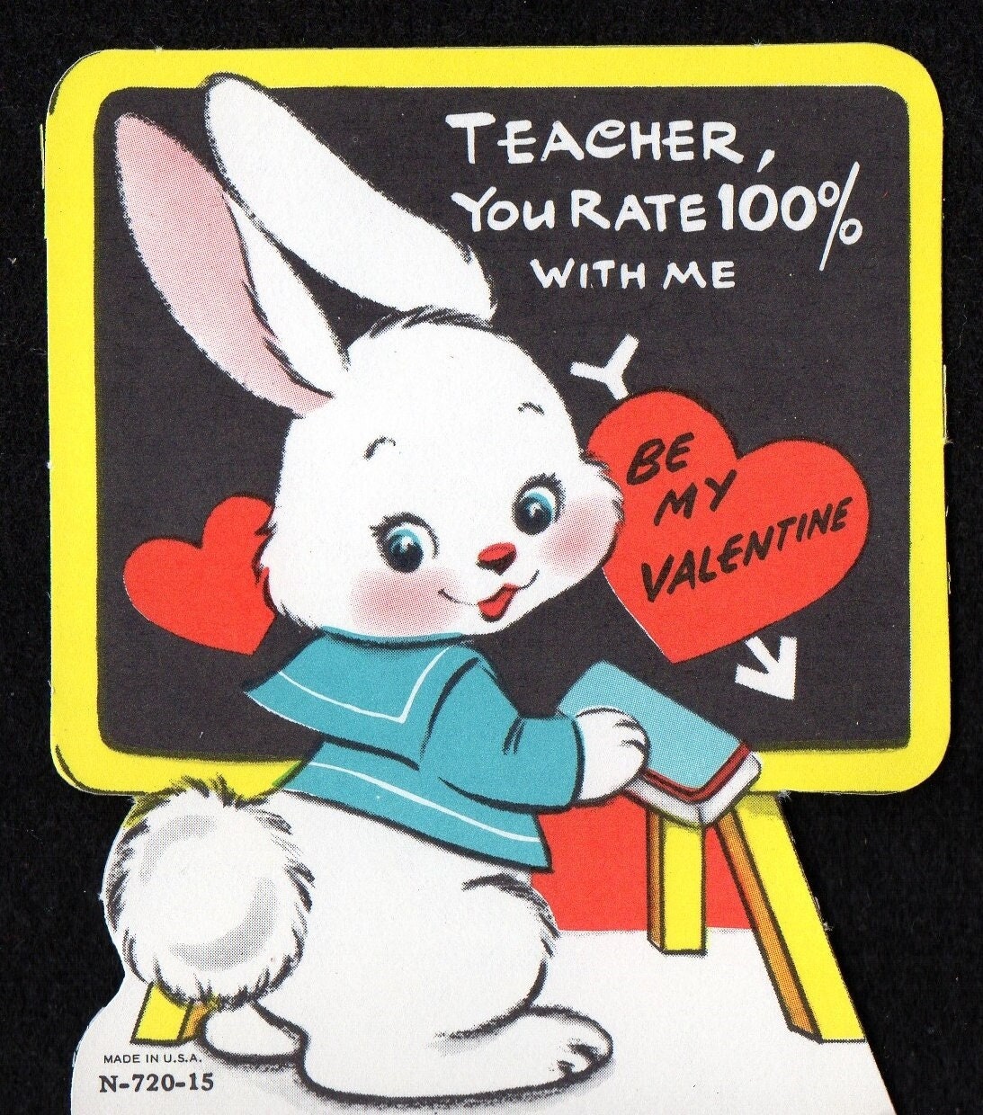 Vintage Valentine Card Cute Anthropomorphic BUNNY RABBIT At Chalkboard  TEACHER You Rate 100% With Me Original UNused DieCut Retro Graphics