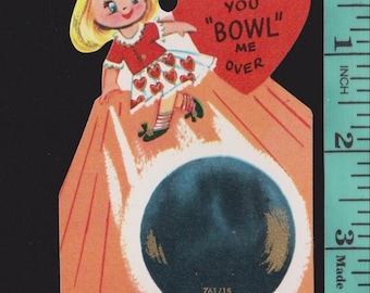 Vintage Original Card Valentine You BOWL Me Over Bowler Throws BOWLING BALL Unused Diecut