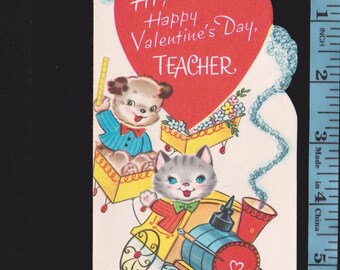 Vintage Original Card Hi Happy Valentine's Day TEACHER Anthropomorphic Kitty CAT,Puppy DOG Ride Flowery Train w Steam Engine DieCut Ephemera