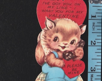 Vintage Original Card I Hope I've Got U On My Line I Want U For My Valentine Please Be Mine ANTHROPOMORPHIC CAT Talks On Retro PHONE DieCut