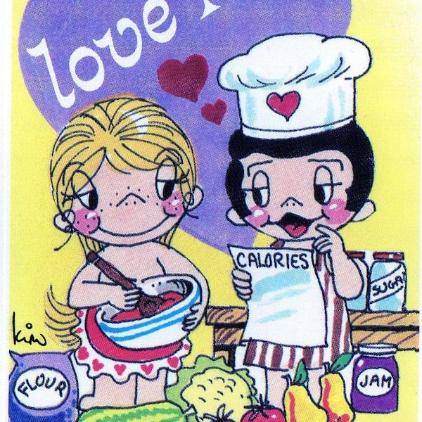 Vintage Valentine Card Cute Couple Prepares A Meal,Cooks Together LOVE Is..Making A GREAT TEAM UNused w/ Envelope 70s Original By Kim Casali