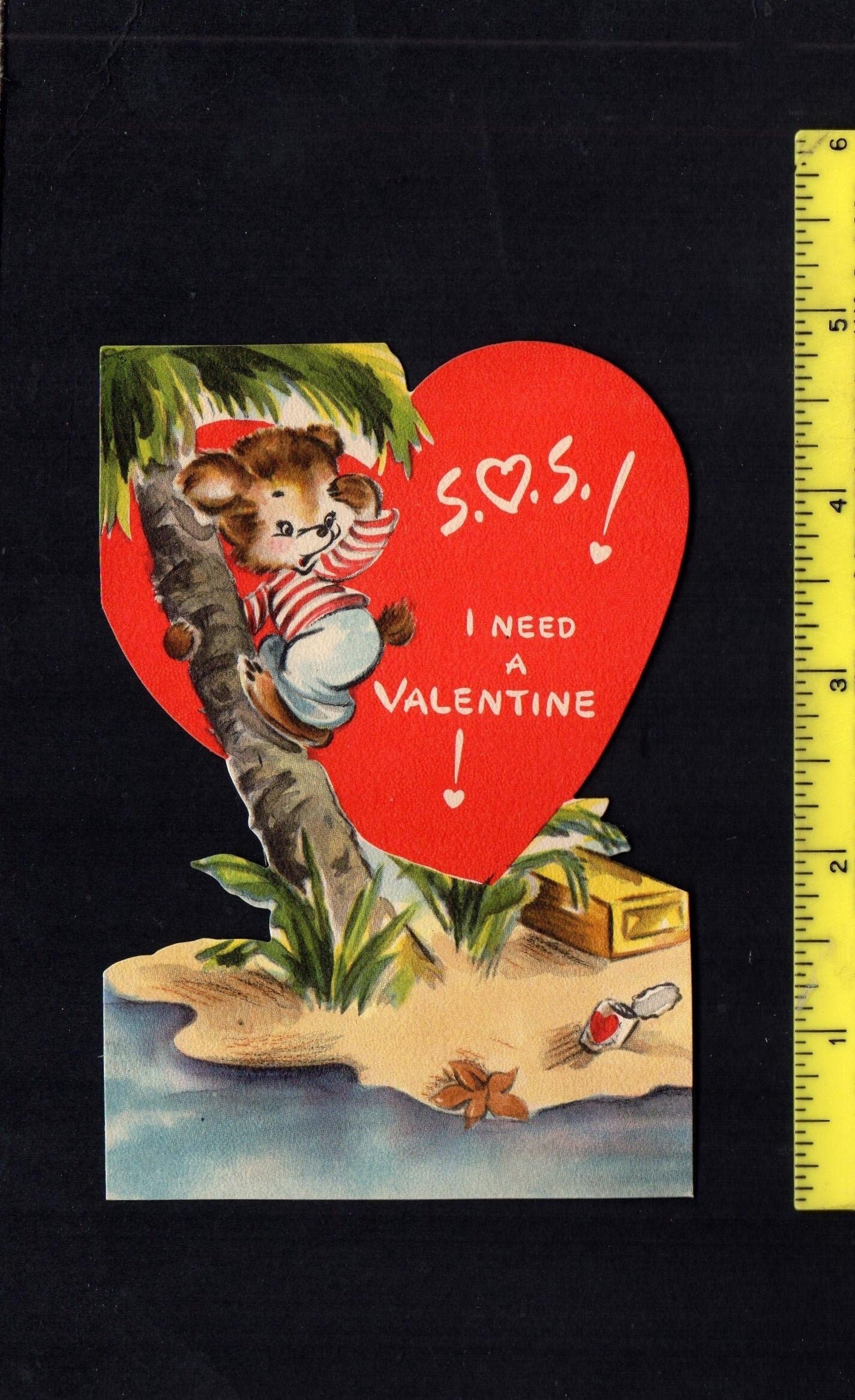 Vintage Original Card S.O.S. I Need A Valentine! Anthropomorphic BEAR  CASTAWAY Climbs Palm Tree Deserted Tropical Island Help,Rescue UNused