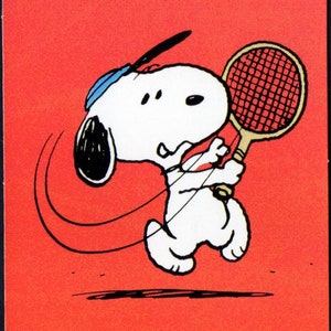 Vintage Peanuts Card SNOOPY Player Swings A TENNIS RACQUET Hope Your Valentine&#39;s Day Is A Winner! Original Sports Ephemera UNused 2 3/4&quot; x4&quot;