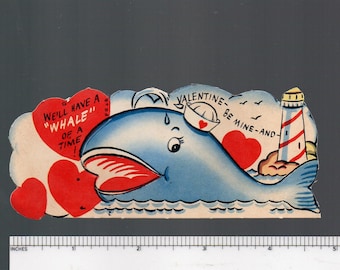 Vintage Valentine Card RARE Anthropomorphic We'll Have A WHALE Of A Time w Lighthouse UNused Original DieCut Kitsch Retro Graphics Nautical