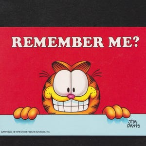 May include: A red Garfield postcard with the text "REMEMBER ME?" in white. The cartoon cat Garfield is smiling with his arms resting on a blue border. The artist's signature is in the bottom right corner.