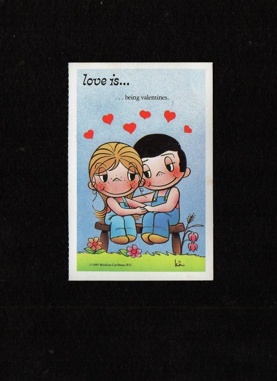 Vintage Valentine Card Cute Couple in OVERALLS Snuggles Together