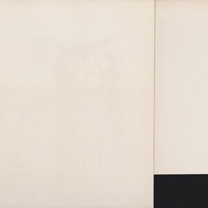 May include: A minimalist artwork with a subtle cat illustration on a cream background. The design is split by vertical lines, with a solid black rectangle at the bottom right, creating a modern, graphic aesthetic.