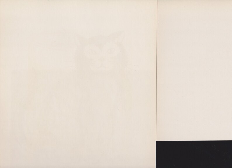 May include: A minimalist artwork with a subtle cat illustration on a cream background. The design is split by vertical lines, with a solid black rectangle at the bottom right, creating a modern, graphic aesthetic.